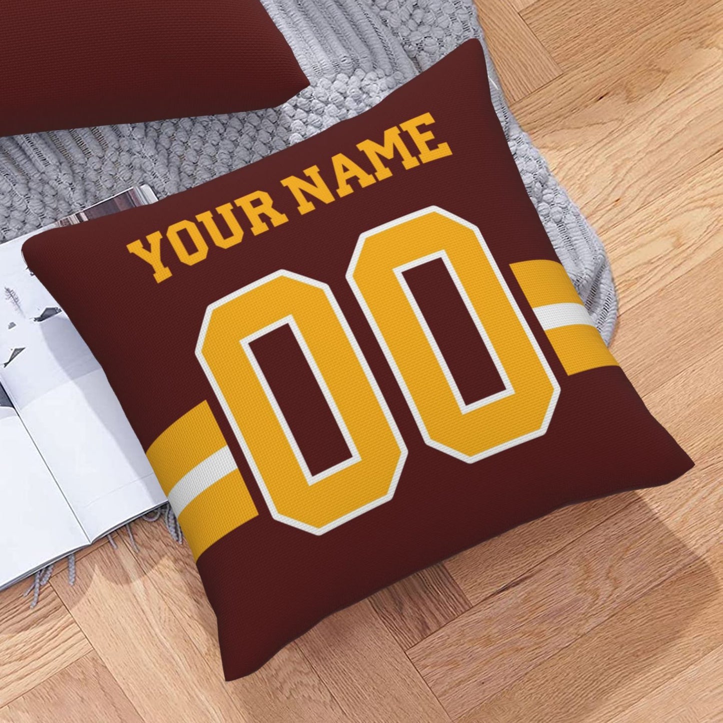 Custom Burgundy Gold Washington Commanders Decorative Throw Pillow Case - Print Personalized Football Team Fans Name & Number Birthday Gift