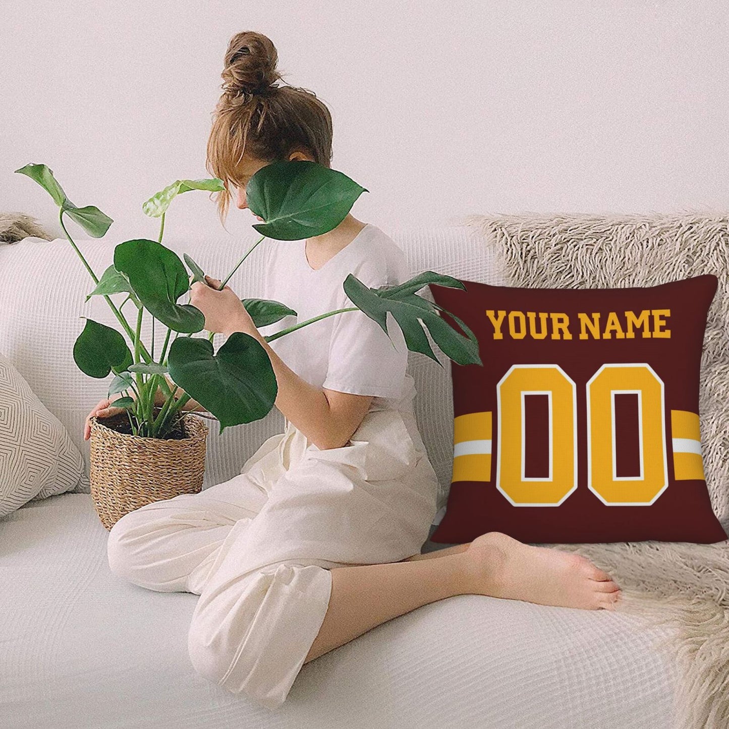 Custom Burgundy Gold Washington Commanders Decorative Throw Pillow Case - Print Personalized Football Team Fans Name & Number Birthday Gift