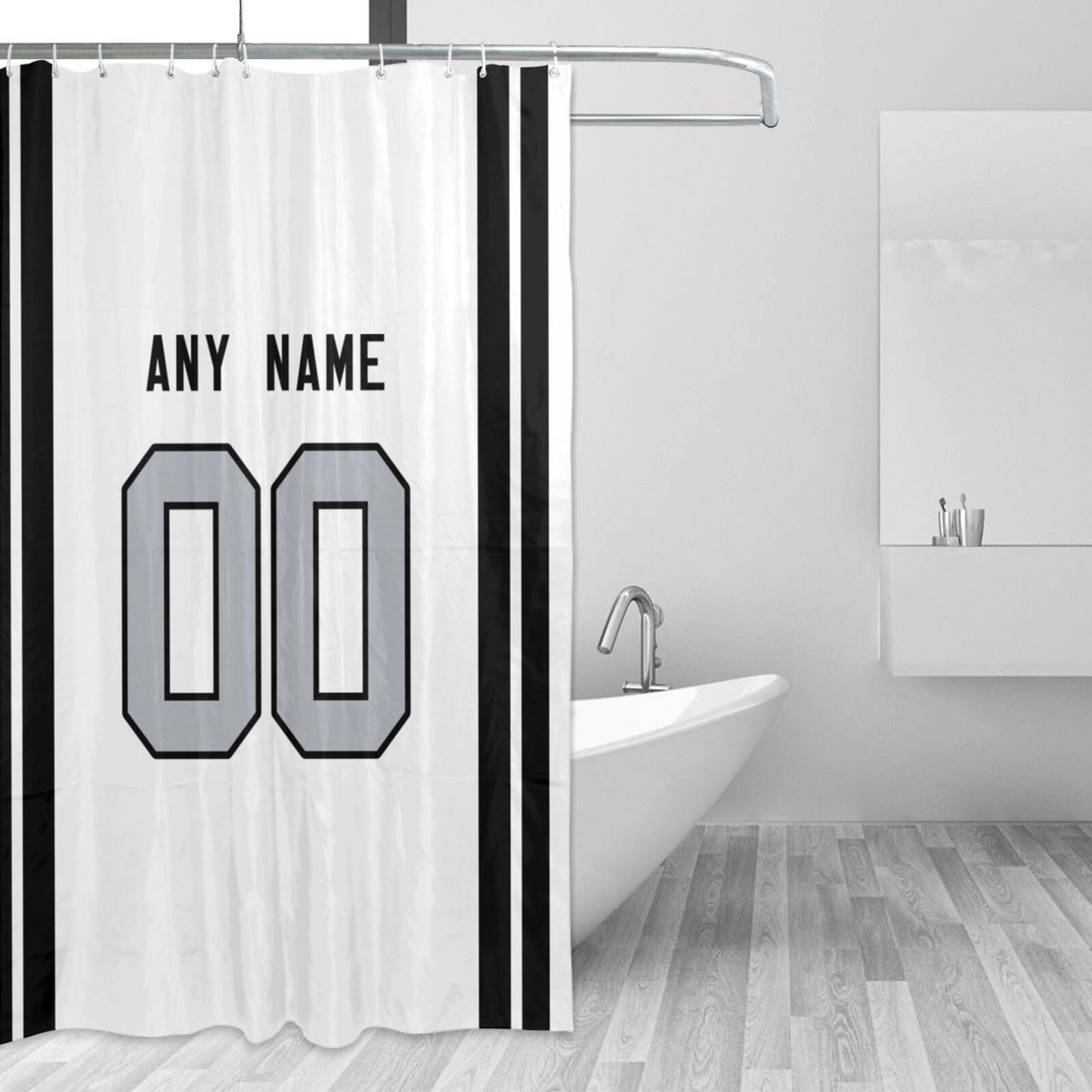 Custom Football Las Vegas Raiders style personalized shower curtain custom design name and number set of 12 shower curtain hooks Rings