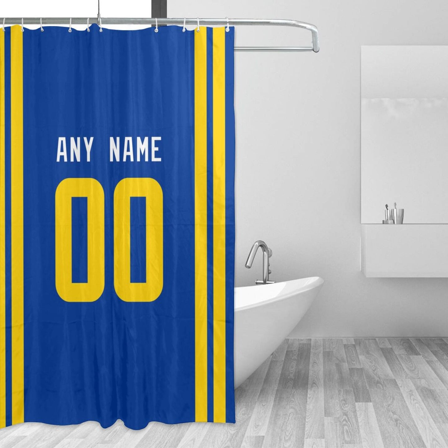 Custom Football Los Angeles Rams style personalized shower curtain custom design name and number set of 12 shower curtain hooks Rings