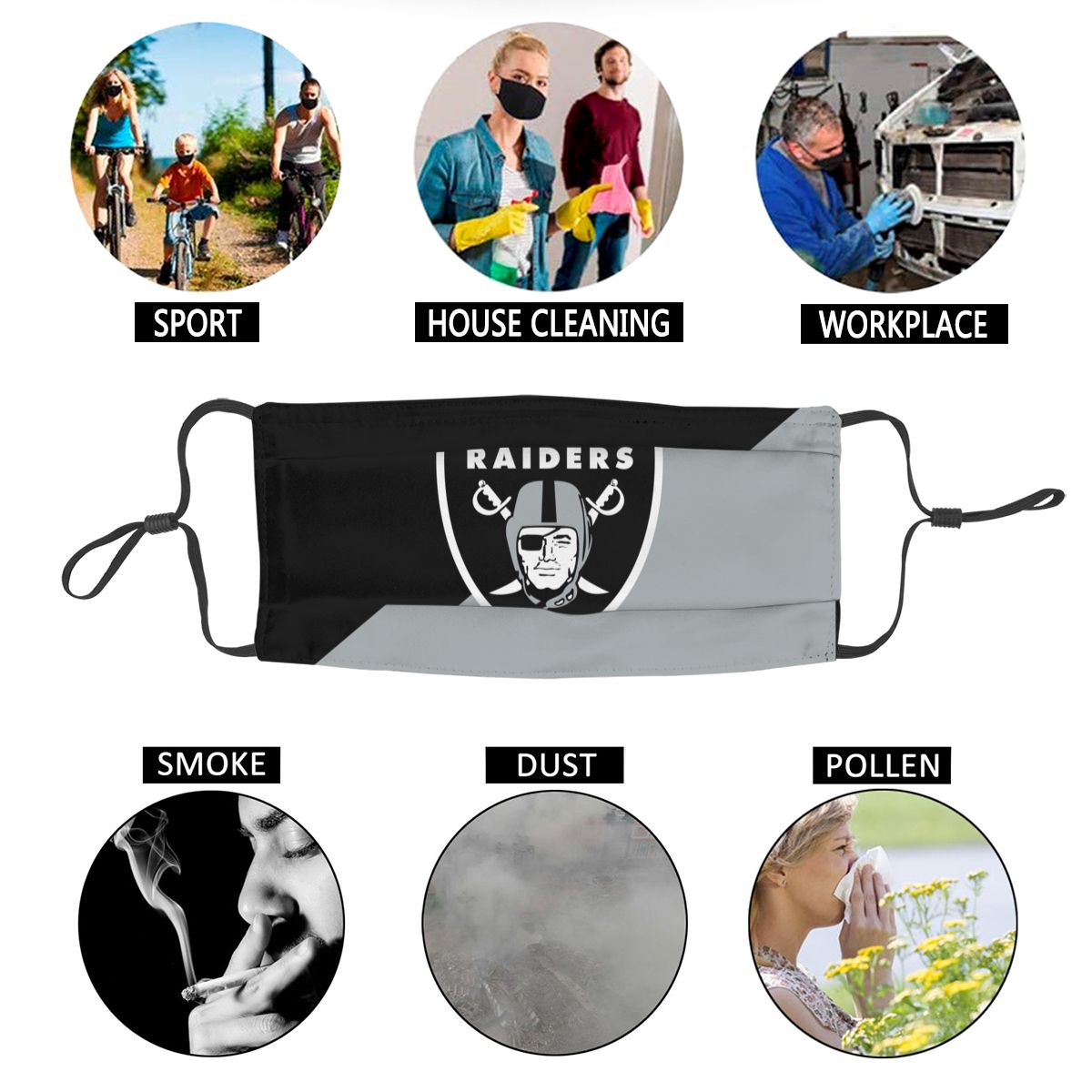 Custom Football Personalized Las Vegas Raiders Dust Face Mask With Filters PM 2.5