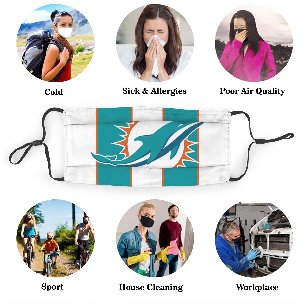 Custom Football Personalized M.Dolphin 01- White Dust Face Mask With Filters PM 2.5