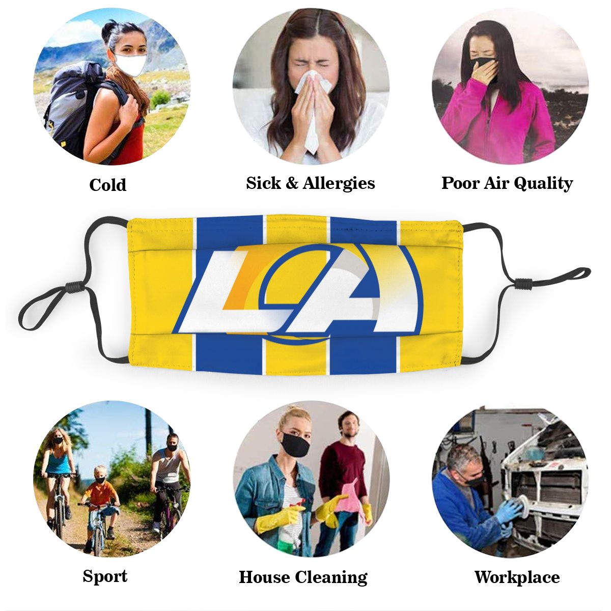Custom Football Personalized LA.Ram 01-Yellow Dust Face Mask With Filters PM 2.5