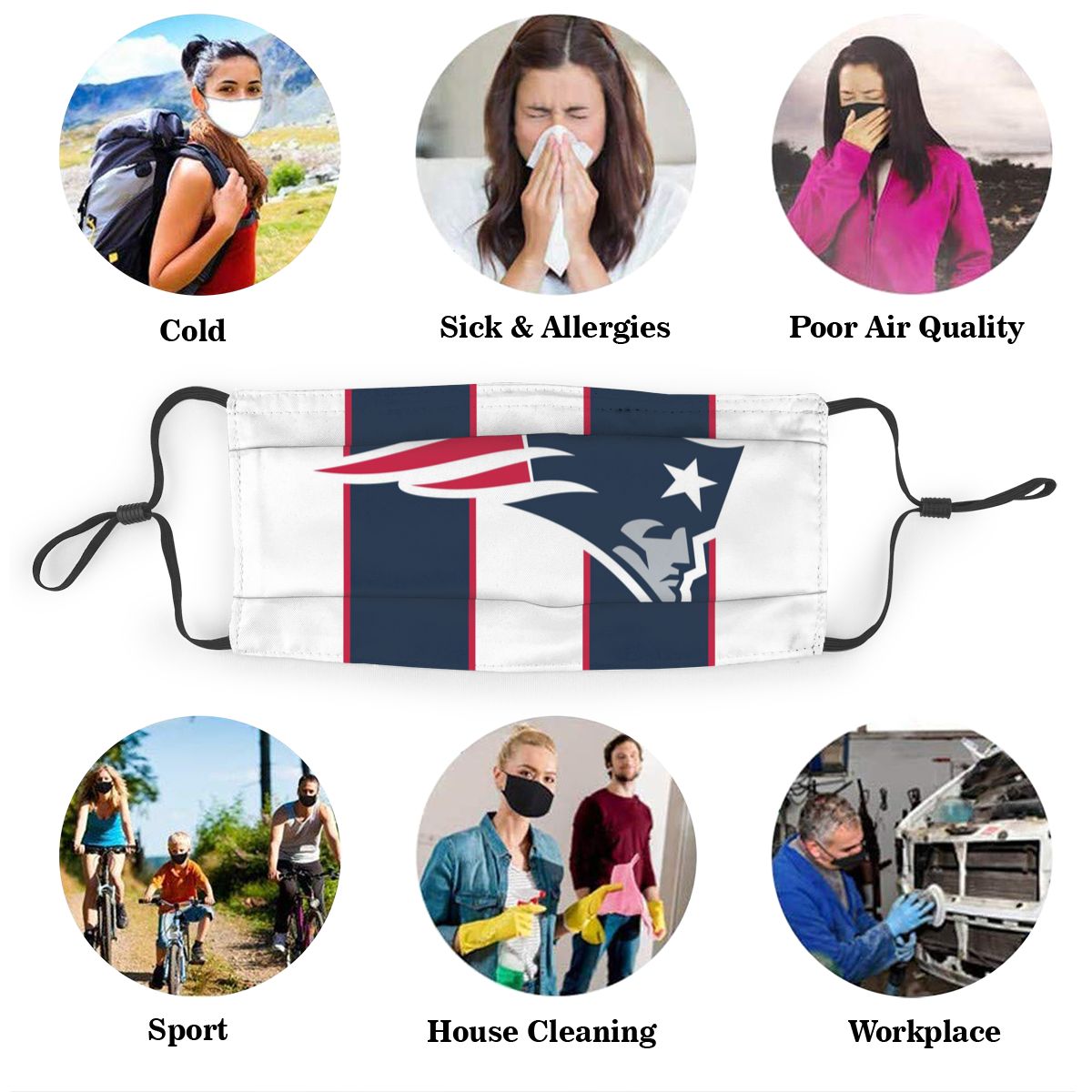 Custom Football Personalized NE.Patriot 01-White Dust Face Mask With Filters PM 2.5