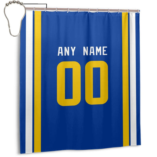 Custom Football Los Angeles Rams style personalized shower curtain custom design name and number set of 12 shower curtain hooks Rings