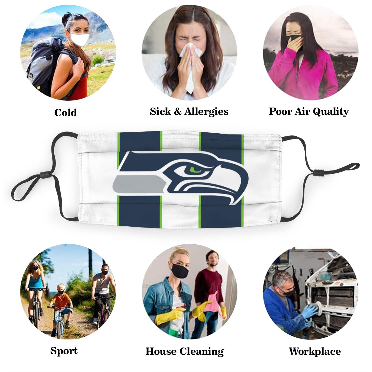 Custom Football Personalized S.Seahawk 01- White Dust Face Mask With Filters PM 2.5